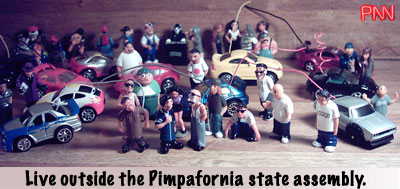 Scene 3
"I was informed that the notorious "bitPimps" syndicate was attempting to overthrow the state of Pimpafornia by massing at the state assembly building."

"I got to flyin' in my Air Force One immediately, to assist the governor of Pimpafornia, Aahnold SportsnJager, at the assembly."
